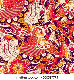 Tracery seamless calming pattern. Mehndi design. Ethnic colorful doodle texture. Curved doodling background. Vector.
