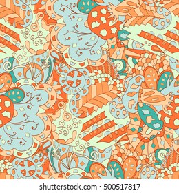 Tracery seamless calming pattern. Mehndi design. Ethnic colorful doodle texture. Curved doodling background. Vector.