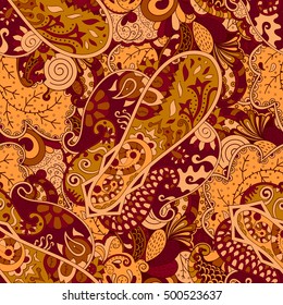 Tracery seamless calming pattern. Mehndi design. Ethnic colorful doodle texture. Curved doodling background. Vector.