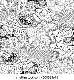 Tracery seamless calming pattern. Mehndi design. Ethnic monochrome binary doodle texture. Curved doodling black and white background. Vector.