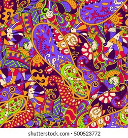 Tracery seamless calming pattern. Mehndi design. Ethnic colorful doodle texture. Curved doodling background. Vector.