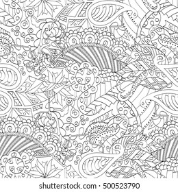 Tracery seamless calming pattern. Mehndi design. Ethnic monochrome binary doodle texture. Curved doodling black and white background. Vector.