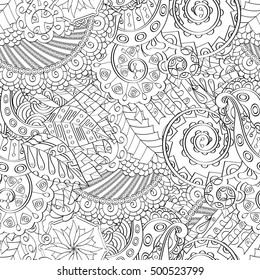 Tracery seamless calming pattern. Mehndi design. Ethnic monochrome binary doodle texture. Curved doodling black and white background. Vector.