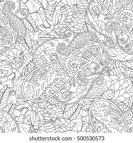 Tracery seamless calming pattern. Mehndi design. Ethnic monochrome binary doodle texture. Curved doodling black and white background. Vector.