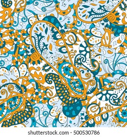 Tracery seamless calming pattern. Mehndi design. Ethnic colorful doodle texture. Curved doodling background. Vector.