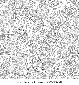 Tracery seamless calming pattern. Mehndi design. Ethnic monochrome binary doodle texture. Curved doodling black and white background. Vector.