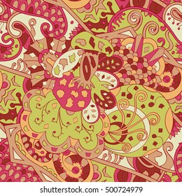 Tracery seamless calming pattern. Mehndi design. Ethnic colorful doodle texture. Curved doodling background. Vector.