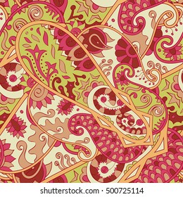 Tracery seamless calming pattern. Mehndi design. Ethnic colorful doodle texture. Curved doodling background. Vector.