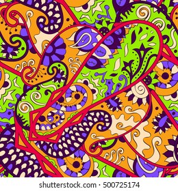 Tracery seamless calming pattern. Mehndi design. Ethnic colorful doodle texture. Curved doodling background. Vector.