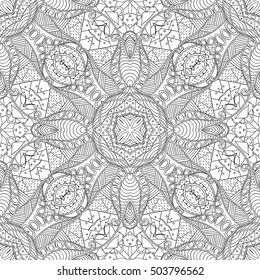 Tracery seamless calming pattern. Mehndi design. Ethnic monochrome binary doodle texture. Curved doodling black and white background. Vector.