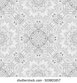 Tracery seamless calming pattern. Mehndi design. Ethnic monochrome binary doodle texture. Curved doodling black and white background. Vector.