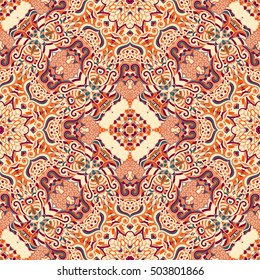 Tracery seamless calming pattern. Mehndi design. Ethnic colorful doodle texture. Curved doodling background. Vector.