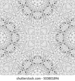Tracery seamless calming pattern. Mehndi design. Ethnic monochrome binary doodle texture. Curved doodling black and white background. Vector.