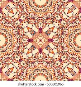 Tracery seamless calming pattern. Mehndi design. Ethnic colorful doodle texture. Curved doodling background. Vector.