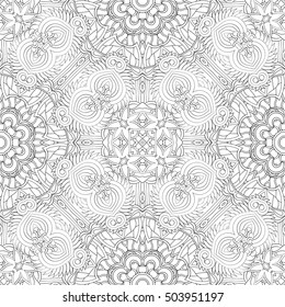 Tracery seamless calming pattern. Mehndi design. Ethnic monochrome binary doodle texture. Curved doodling black and white background. Vector.