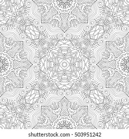 Tracery seamless calming pattern. Mehndi design. Ethnic monochrome binary doodle texture. Curved doodling black and white background. Vector.