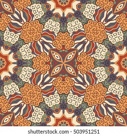 Tracery seamless calming pattern. Mehndi design. Ethnic colorful doodle texture. Curved doodling background. Vector.