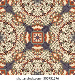 Tracery seamless calming pattern. Mehndi design. Ethnic colorful doodle texture. Curved doodling background. Vector.