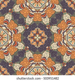 Tracery seamless calming pattern. Mehndi design. Ethnic colorful doodle texture. Curved doodling background. Vector.