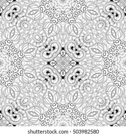 Tracery seamless calming pattern. Mehndi design. Ethnic monochrome binary doodle texture. Curved doodling black and white background. Vector.