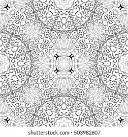 Tracery seamless calming pattern. Mehndi design. Ethnic monochrome binary doodle texture. Curved doodling black and white background. Vector.