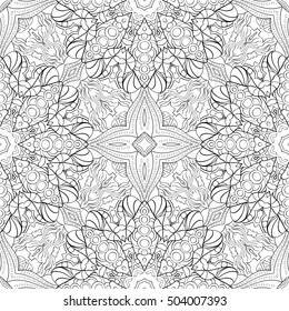 Tracery seamless calming pattern. Mehndi design. Ethnic monochrome binary doodle texture. Curved doodling black and white background. Vector.