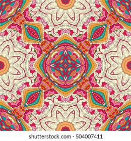 Tracery seamless calming pattern. Mehndi design. Ethnic colorful doodle texture. Curved doodling background. Vector.
