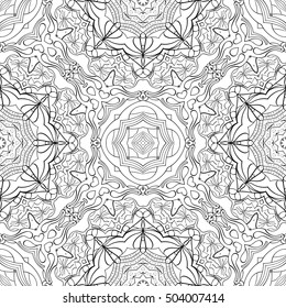 Tracery seamless calming pattern. Mehndi design. Ethnic monochrome binary doodle texture. Curved doodling black and white background. Vector.