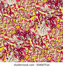 Tracery seamless calming pattern. Mehndi design. Ethnic colorful doodle texture. Curved doodling background. Vector.