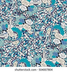 Tracery seamless calming pattern. Mehndi design. Ethnic colorful doodle texture. Curved doodling background. Vector.