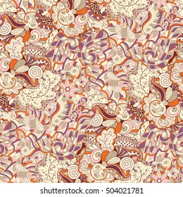 Tracery seamless calming pattern. Mehndi design. Ethnic colorful doodle texture. Curved doodling background. Vector.