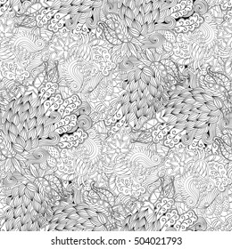 Tracery seamless calming pattern. Mehndi design. Ethnic monochrome binary doodle texture. Curved doodling black and white background. Vector.