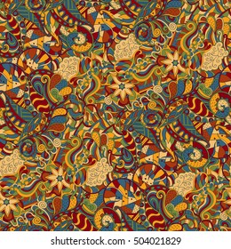 Tracery seamless calming pattern. Mehndi design. Ethnic colorful doodle texture. Curved doodling background. Vector.