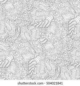 Tracery seamless calming pattern. Mehndi design. Ethnic monochrome binary doodle texture. Curved doodling black and white background. Vector.