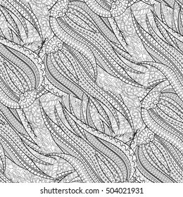 Tracery seamless calming pattern. Mehndi design. Ethnic monochrome binary doodle texture. Curved doodling black and white background. Vector.