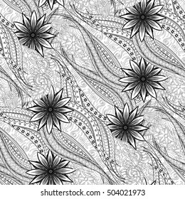 Tracery seamless calming pattern. Mehndi design. Ethnic monochrome binary doodle texture. Curved doodling black and white background. Vector.
