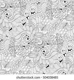 Tracery seamless calming pattern. Mehndi design. Ethnic monochrome binary doodle texture. Curved doodling black and white background. Vector.