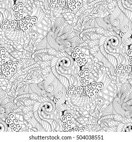 Tracery seamless calming pattern. Mehndi design. Ethnic monochrome binary doodle texture. Curved doodling black and white background. Vector.