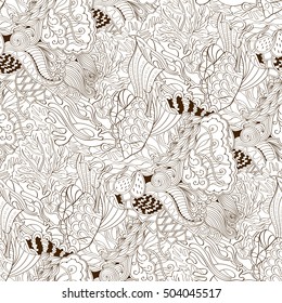 Tracery seamless calming pattern. Mehndi design. Ethnic monochrome binary doodle texture. Curved doodling background. Vector.