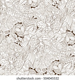 Tracery seamless calming pattern. Mehndi design. Ethnic monochrome binary doodle texture. Curved doodling background. Vector.