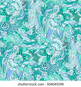 Tracery seamless calming pattern. Mehndi design. Ethnic colorful doodle texture. Curved doodling background. Vector.