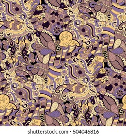 Tracery seamless calming pattern. Mehndi design. Ethnic colorful doodle texture. Curved doodling background. Vector.