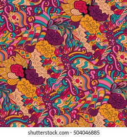 Tracery seamless calming pattern. Mehndi design. Ethnic colorful doodle texture. Curved doodling background. Vector.