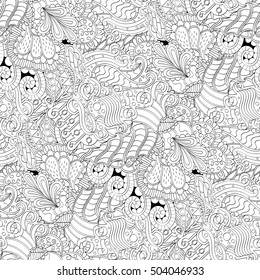 Tracery seamless calming pattern. Mehndi design. Ethnic monochrome binary doodle texture. Curved doodling black and white background. Vector.