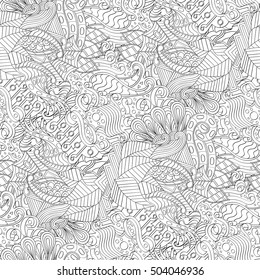 Tracery seamless calming pattern. Mehndi design. Ethnic monochrome binary doodle texture. Curved doodling black and white background. Vector.