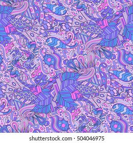 Tracery seamless calming pattern. Mehndi design. Ethnic colorful doodle texture. Curved doodling background. Vector.