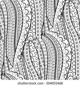 Tracery seamless calming pattern. Mehndi design. Ethnic monochrome binary doodle texture. Curved doodling black and white background. Vector.