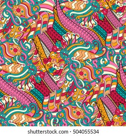 Tracery seamless calming pattern. Mehndi design. Ethnic colorful doodle texture. Curved doodling background. Vector.