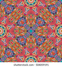 Tracery seamless calming pattern. Mehndi design. Ethnic colorful doodle texture. Curved doodling background. Vector.