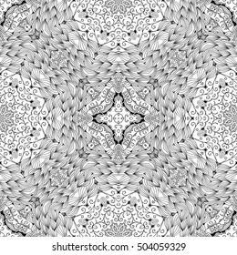 Tracery seamless calming pattern. Mehndi design. Ethnic monochrome binary doodle texture. Curved doodling black and white background. Vector.